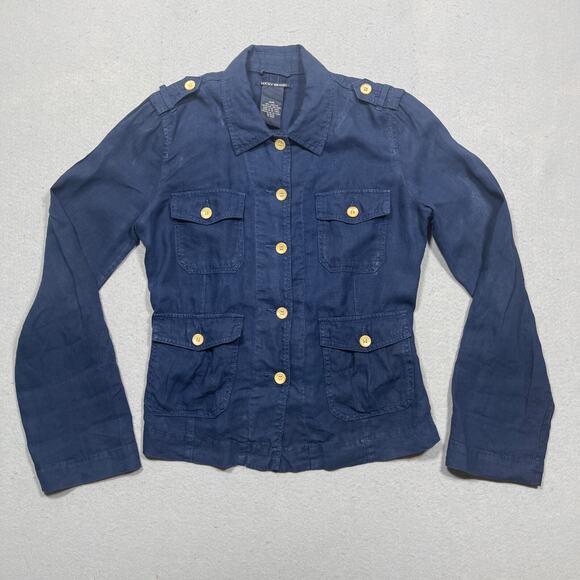 Lucky Brand Utility Jacket Women M Blue 100% Linen Button Front Tie Waist Safari - Picture 1 of 11